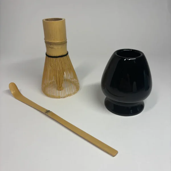 Matcha Making Kit - Bamboo Whisk (Chasen), Holder, Scoop & Spoon - Traditional Black Set